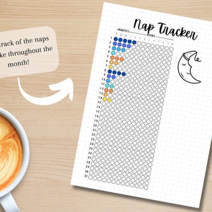 May include: A white Nap Tracker sheet with a dotted grid, a crescent moon illustration, and the text "Nap Tracker." The sheet includes a color-coded nap duration chart and the text "Keep track of the naps you take throughout the month!" A cup of coffee is in the image.