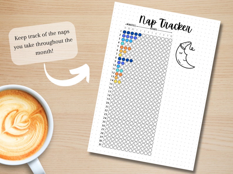 May include: A white Nap Tracker sheet with a dotted grid, a crescent moon illustration, and the text "Nap Tracker." The sheet includes a color-coded nap duration chart and the text "Keep track of the naps you take throughout the month!" A cup of coffee is in the image.