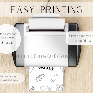 May include: A printer with a sheet of paper printing a black and white fitness themed printable. The paper reads "Fitness" and includes images of dumbbells, water bottles, and running shoes. The text on the printer reads "EASY PRINTING" and "Prints on standard printer paper: 8.5" x 11" Print as many time's as you'd like! For the best quality, print on card stock paper!"