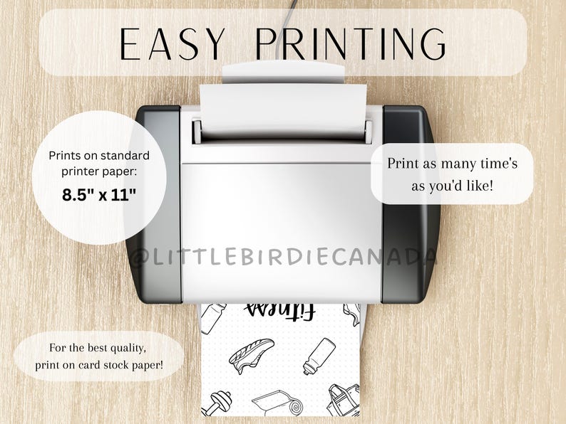 May include: A printer with a sheet of paper printing a black and white fitness themed printable. The paper reads "Fitness" and includes images of dumbbells, water bottles, and running shoes. The text on the printer reads "EASY PRINTING" and "Prints on standard printer paper: 8.5" x 11" Print as many time's as you'd like! For the best quality, print on card stock paper!"