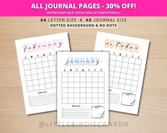 12ヶ月カレンダーページ - A5ジャーナル月間カレンダーテンプレート - 月間プランナー - 印刷可能なカレンダー - 印刷可能なプランナーページ - ミニマリスト