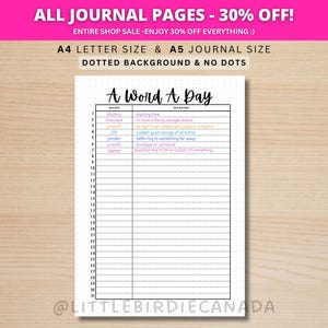 A Word A Day - DRUCKBARE Journal Seite - Neues Wort A Tag - tägliches Wort - Wort des Tages - Lernjournal - Planer Seite - Monatlicher Tracker