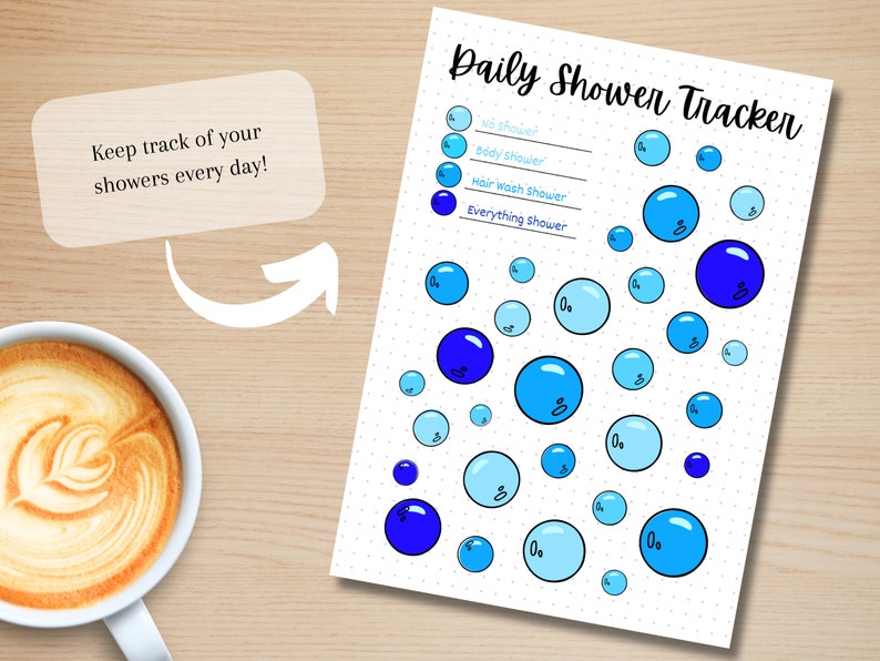 Puede incluir: Un rastreador de ducha diario imprimible con c&iacute;rculos azules y azul claro para colorear. El rastreador incluye opciones para no ducharse, ducha corporal, ducha para lavar el cabello y ducha completa.