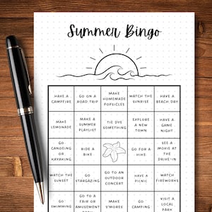 May include: A black and white printable summer bingo card with a sun and waves graphic at the top. The card has 25 squares with summer activities to check off, such as "Go Canoeing or Kayaking", "Make Lemonade", "Go to a Fair or Amusement Park", and "Watch Fireworks".
