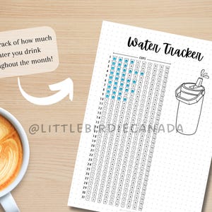 May include: A black and white printable water tracker with a grid of 31 days and 7 rows of cups. The tracker has the text "Water Tracker" and "Cups" at the top. A black and white illustration of a water bottle with a lid and a straw is on the right side of the tracker.