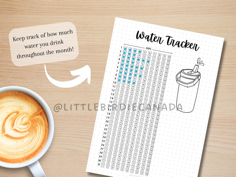 May include: A black and white printable water tracker with a grid of 31 days and 7 rows of cups. The tracker has the text "Water Tracker" and "Cups" at the top. A black and white illustration of a water bottle with a lid and a straw is on the right side of the tracker.