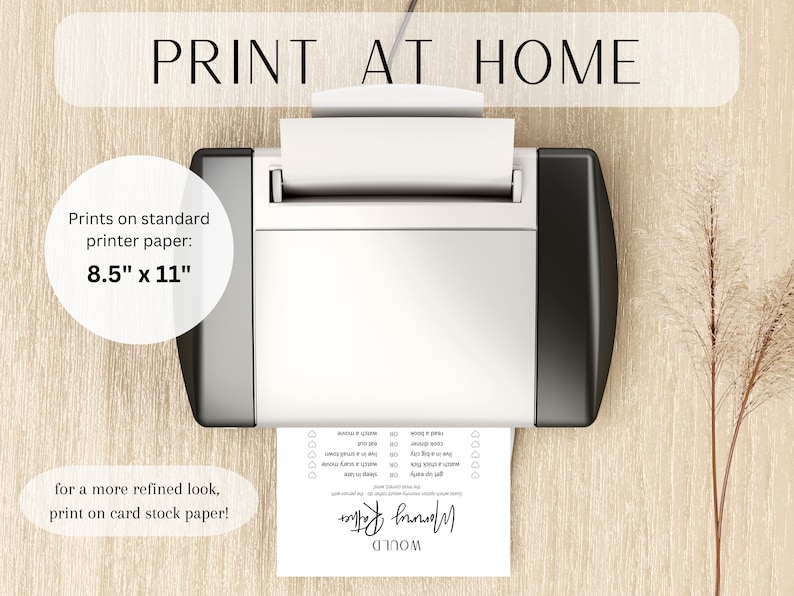 May include: A white printer with a black side panel, printing a printable on standard 8.5" x 11" paper. The text "PRINT AT HOME" is at the top of the image.