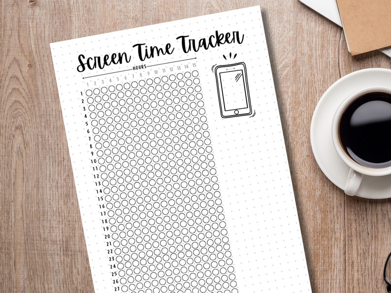 May include: A printable screen time tracker with a black and white design. The tracker has a grid of circles for each hour of the day, with numbers 1 through 26 on the left side and numbers 1 through 15 at the top. The tracker also includes a small illustration of a smartphone.