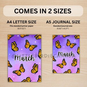 May include: Two printable planner covers with a purple and pink ombre background and a pattern of yellow butterflies. The text "March" is written in black on both covers. The covers are available in two sizes: 8.5 inches by 11 inches and 5.83 inches by 8.27 inches.