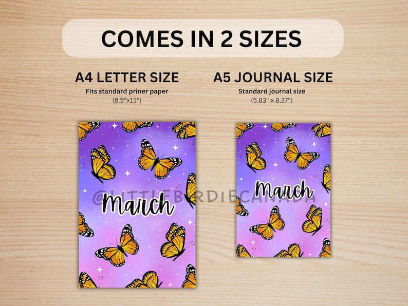 May include: Two printable planner covers with a purple and pink ombre background and a pattern of yellow butterflies. The text "March" is written in black on both covers. The covers are available in two sizes: 8.5 inches by 11 inches and 5.83 inches by 8.27 inches.