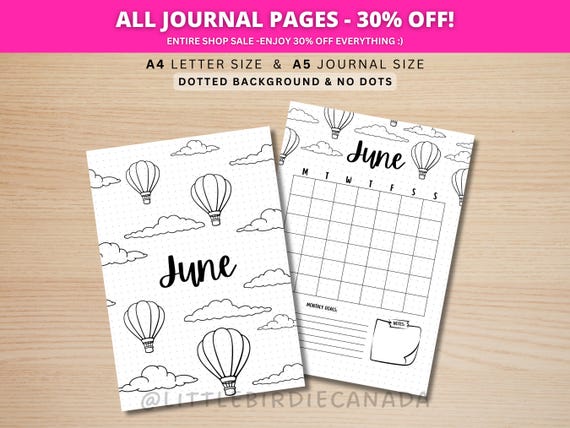 June Title Page - Hot Air Balloon - June Calendar - PRINTABLE Calendar - Journal Title Page and Calendar Set - June Cover Page