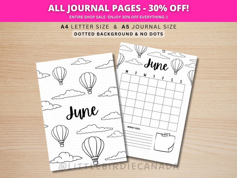 June Title Page - Hot Air Balloon - June Calendar - PRINTABLE Calendar - Journal Title Page and Calendar Set - June Cover Page image 1