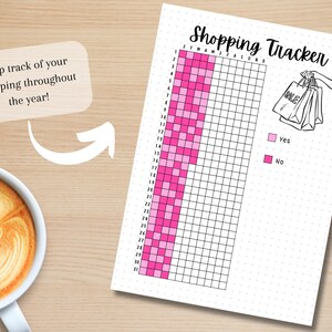 May include: A printable shopping tracker with a grid of 31 days by 12 months. The grid is filled with pink and light pink squares to indicate whether the user shopped on that day. The tracker is labeled "Shopping Tracker" and includes a legend with "Yes" and "No" labels.