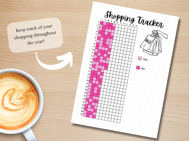 May include: A printable shopping tracker with a grid of 31 days by 12 months. The grid is filled with pink and light pink squares to indicate whether the user shopped on that day. The tracker is labeled "Shopping Tracker" and includes a legend with "Yes" and "No" labels.