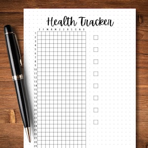 May include: A black and white printable health tracker with a grid and checkboxes. The tracker is labeled "Health Tracker" and has the months of the year listed across the top.
