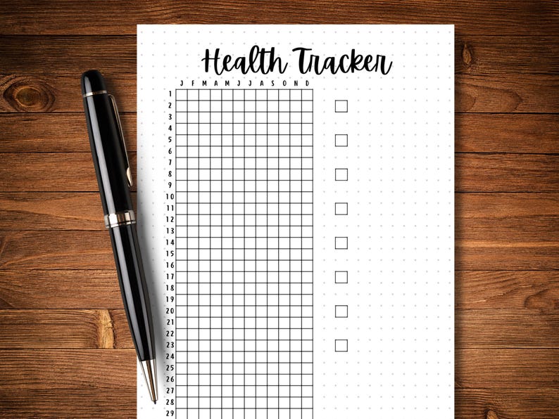 May include: A black and white printable health tracker with a grid and checkboxes. The tracker is labeled "Health Tracker" and has the months of the year listed across the top.