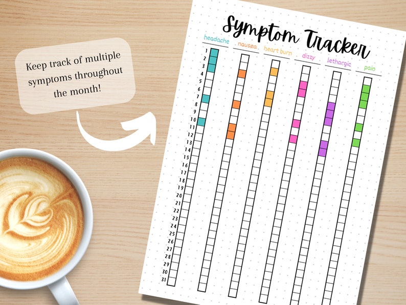 May include: A printable symptom tracker with a grid of 31 days and columns for headache, nausea, heartburn, dizzy, lethargic, and pain. Each column has a color-coded square for each day of the month.