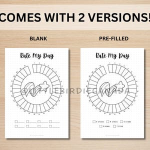 K&ouml;nnte beinhalten: Zwei Versionen eines "Rate My Day"-Drucks. Die leere Version hat ein kreisf&ouml;rmiges Design mit einer Stern- und Bandgrafik. Die vorgef&uuml;llte Version enth&auml;lt eine Bewertungsskala mit Sternoptionen. Der Text "COMES WITH 2 VERSIONS!" steht oben.