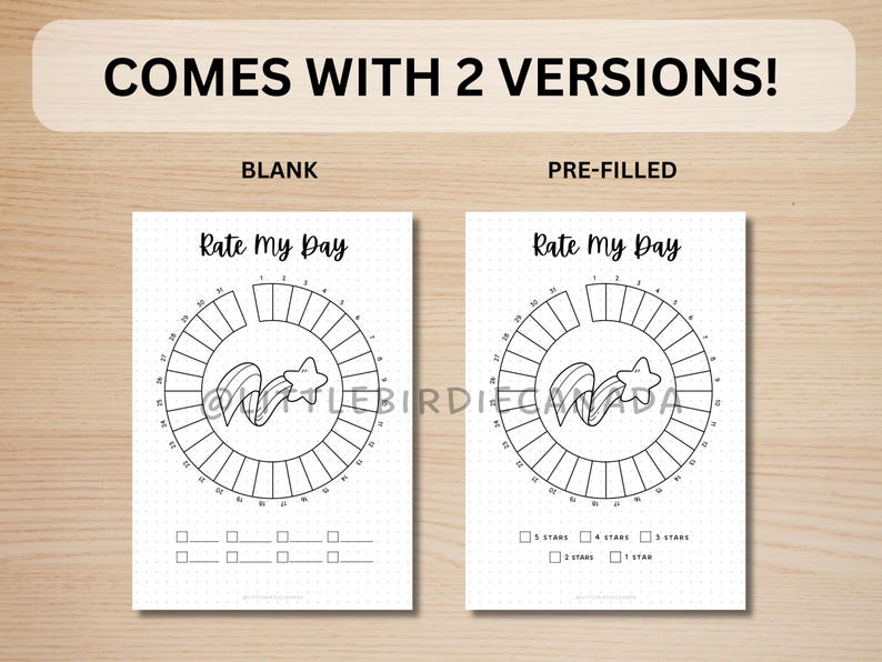K&ouml;nnte beinhalten: Zwei Versionen eines "Rate My Day"-Drucks. Die leere Version hat ein kreisf&ouml;rmiges Design mit einer Stern- und Bandgrafik. Die vorgef&uuml;llte Version enth&auml;lt eine Bewertungsskala mit Sternoptionen. Der Text "COMES WITH 2 VERSIONS!" steht oben.