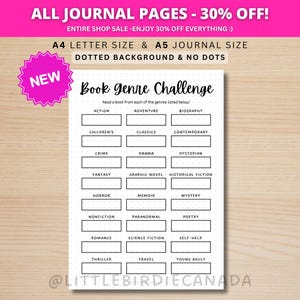 Può includere: Una pagina di diario bianca con sfondo a pois presenta un elenco di "Book Genre Challenge". L'elenco include generi come Azione, Avventura e Biografia. Il testo "ALL JOURNAL PAGES - 30% OFF!" è in alto, con "NEW" in un cerchio rosa.