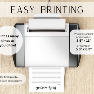 May include: A white printer with a sheet of lined paper coming out of it. The paper has the text "grammar time" written on it. The image shows that the printable is easy to print on standard 8.5" x 11" paper or A5 paper, which is 5.8" x 8.3". The text also suggests printing on card stock paper for the best quality.