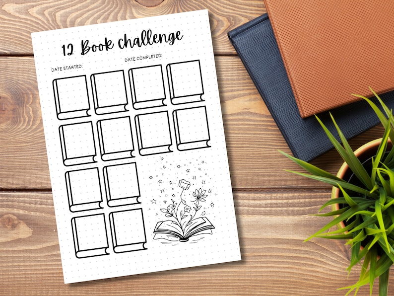 May include: A printable 12 book challenge tracker with a black and white illustration of a book with flowers and stars. The tracker has spaces for the date started and date completed, and 12 spaces for book titles.