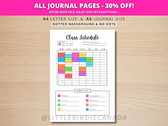 Class Schedule - PRINTABLE Journal Page - Student Journal - Student Planner Page - Student Agenda - Time Table - Course Schedule