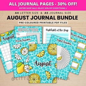 August Journal Bundle - Lemons - PRINTABLE Journal Pages - PRE-COLOURED Pages - August Planner - August Agenda - Printable Planner