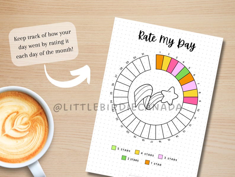 K&ouml;nnte beinhalten: Ein wei&szlig;es, gepunktetes Papier mit dem Text "Rate My Day" und einer farbenfrohen Sterntabelle zur Verfolgung t&auml;glicher Bewertungen. Die Tabelle enth&auml;lt eine Sterngrafik und den Text "Verfolgen Sie, wie Ihr Tag verlaufen ist, indem Sie ihn jeden Tag des Monats bewerten!"
