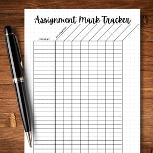 May include: A black and white printable assignment mark tracker with the words "Assignment Mark Tracker" at the top. The tracker has columns for "Student" and "Assignment" and rows for recording marks.