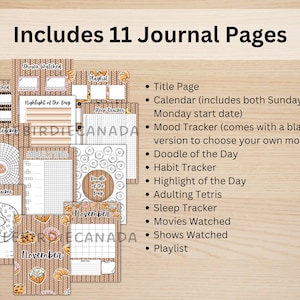 May include: A collection of 11 journal pages with various trackers and lists, including a title page, calendar, mood tracker, habit tracker, and more. The pages have a cozy, knitted background with illustrations of pastries and donuts.