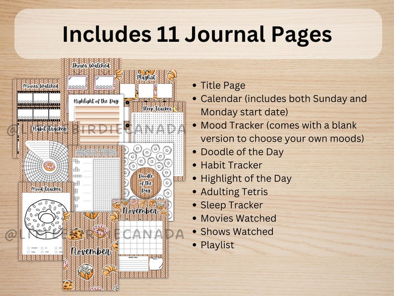 May include: A collection of 11 journal pages with various trackers and lists, including a title page, calendar, mood tracker, habit tracker, and more. The pages have a cozy, knitted background with illustrations of pastries and donuts.