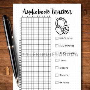May include: A black pen rests on a white "Audiobook Tracker" sheet. The sheet features a grid for tracking listening habits, with checkboxes for time increments and a headphone graphic. The text includes months of the year.