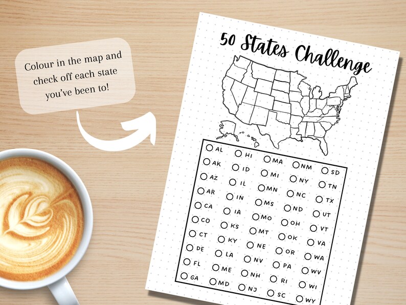May include: A printable checklist and map of the United States for a 50 states challenge. The checklist includes a circle next to each state abbreviation, and the map shows the outline of each state.