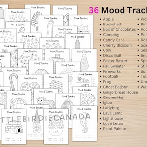 May include: A collection of 36 black and white mood tracker pages, each with a unique theme, including an apple, bookshelf, and candy cane. The text "36 Mood Trackers" is displayed in pink.