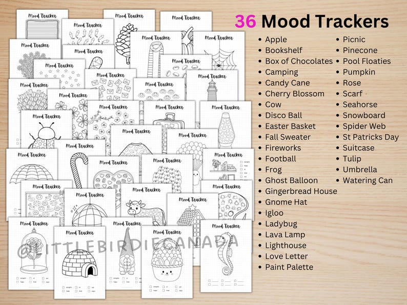 May include: A collection of 36 black and white mood tracker pages, each with a unique theme, including an apple, bookshelf, and candy cane. The text "36 Mood Trackers" is displayed in pink.