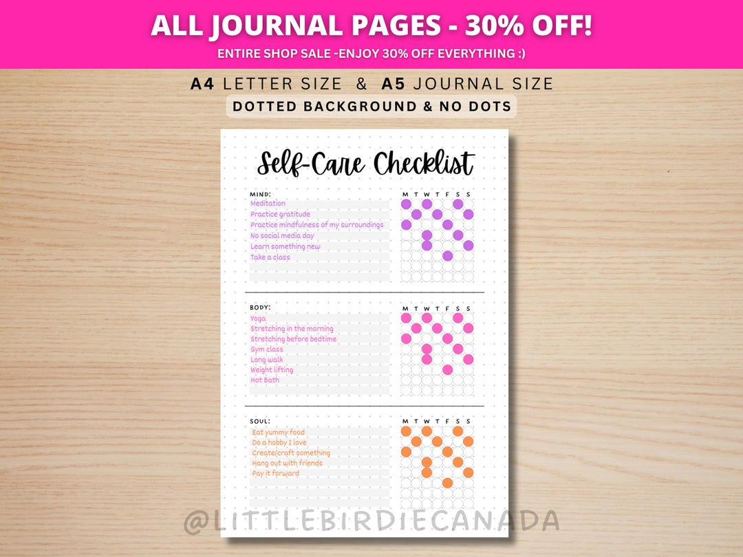 Self Care Checklist - PRINTABLE Journal Page - Planner Page - Weekly ...