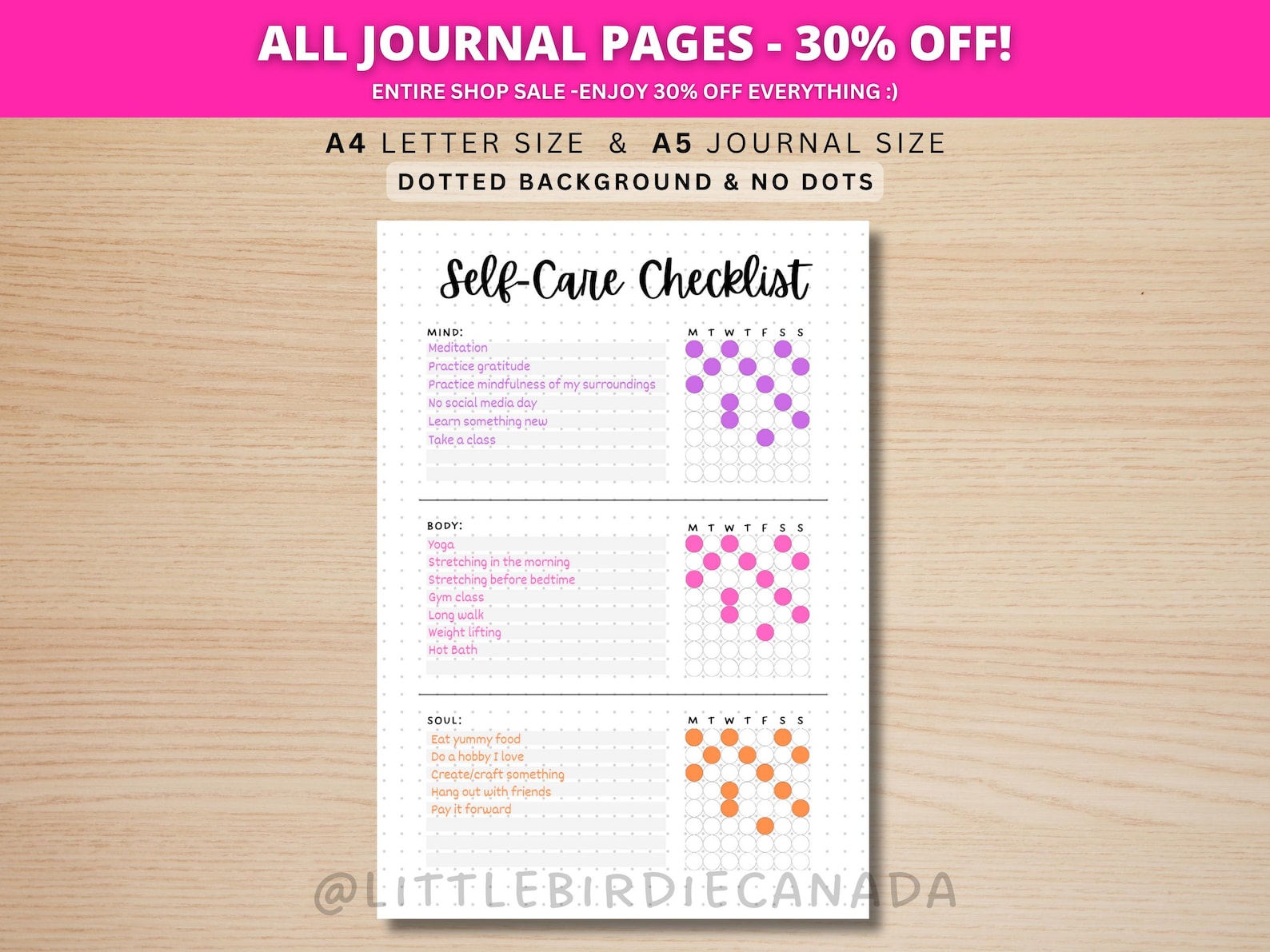 Self Care Checklist - PRINTABLE Journal Page - Planner Page - Weekly ...