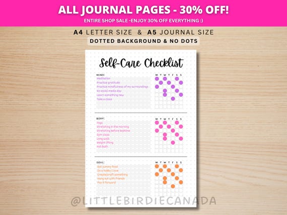 Self Care Checklist - PRINTABLE Journal Page - Planner Page - Weekly Tracker - Wellness Journal Page - Wellness Tracker - Self-Care Tracker