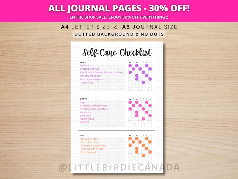 Self Care Checklist - PRINTABLE Journal Page - Planner Page - Weekly Tracker - Wellness Journal Page - Wellness Tracker - Self-Care Tracker image 1