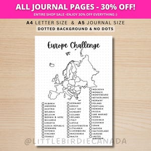 Desafío de Europa - Página de diario IMPRIMIBLE - Página de planificador - Desafío de viaje europeo - Lista de verificación de viaje por Europa - Mapa de Europa - Juego de viaje