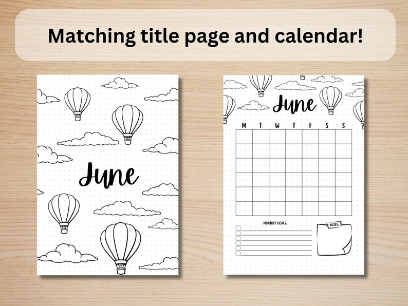 May include: Black and white printable June calendar with hot air balloons and clouds. The calendar includes a title page with the word "June" and a monthly calendar grid with space for notes and monthly goals.