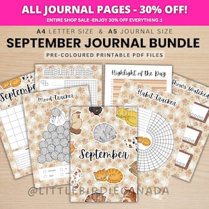 September Journal Bundle - Cat - PRINTABLE Journal Pages - PRE-COLOURED Pages - September Planner - September Agenda - Printable Planner