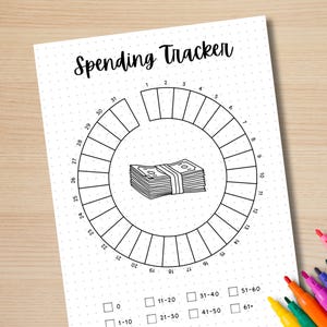 May include: A black and white printable spending tracker with a circle divided into 31 sections. The sections are numbered 1 through 31. There is a stack of money in the centre of the circle. Below the circle are checkboxes labelled 0, 1-10, 11-20, 21-30, 31-40, 41-50, 51-60, and 61+.