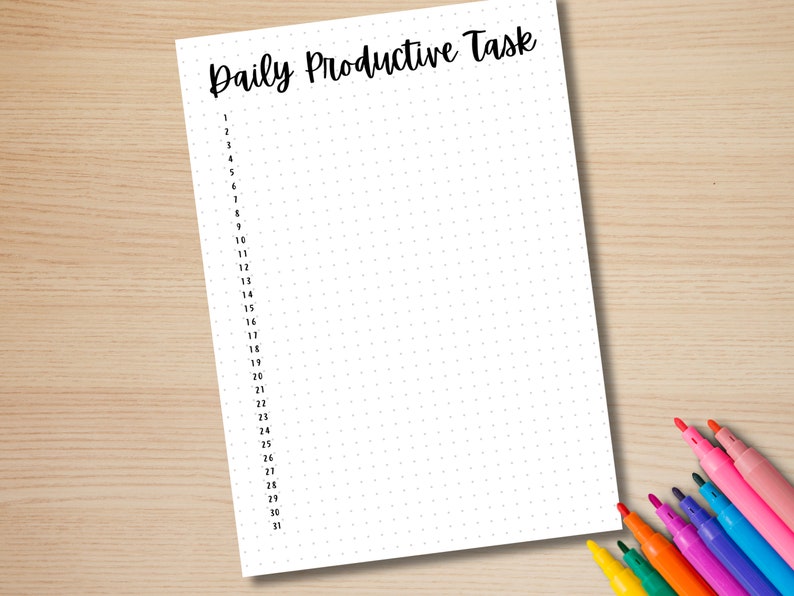 May include: A white sheet of paper with a dotted pattern and the text "Daily Productive Task" at the top. The numbers 1 through 31 are listed down the left side of the page.