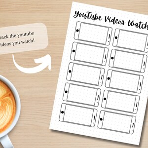 May include: Printable sheet with the title "YouTube Videos Watched" and a dotted background. The sheet has 8 outlined rectangles that resemble a smartphone screen, for tracking videos watched.
