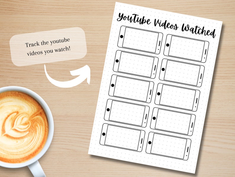 May include: Printable sheet with the title "YouTube Videos Watched" and a dotted background. The sheet has 8 outlined rectangles that resemble a smartphone screen, for tracking videos watched.