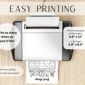 May include: A printer is shown printing a black and white "Book Bingo" game card. The text "EASY PRINTING" is at the top. The image also includes text that says "Print as many times as you'd like!" and "Print on standard printer paper: 8.5" x 11" or A5 Paper: 5.8" x 8.3".