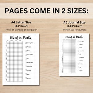 May include: Two printable mood tracker pages in black and white. The page on the left is 8.3 inches by 11.7 inches and the page on the right is 5.83 inches by 8.27 inches. Each page has a grid with 25 squares across and 25 squares down. The grid is labeled with numbers 1 through 25 on the left and right sides. The words "Mood in Pixels" are at the top of each page. A list of mood words is on the right side of each page. The mood words are: energetic, happy, tired, romantic, ok, stressed, anxious, lonely, sad, angry.