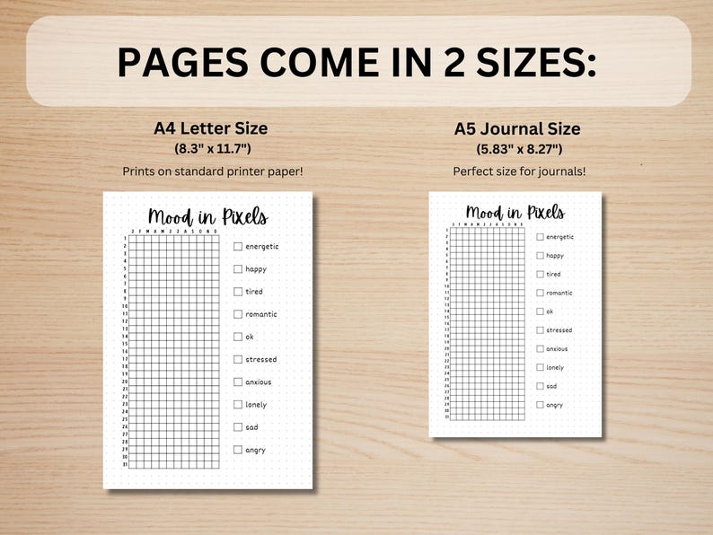May include: Two printable mood tracker pages in black and white. The page on the left is 8.3 inches by 11.7 inches and the page on the right is 5.83 inches by 8.27 inches. Each page has a grid with 25 squares across and 25 squares down. The grid is labeled with numbers 1 through 25 on the left and right sides. The words "Mood in Pixels" are at the top of each page. A list of mood words is on the right side of each page. The mood words are: energetic, happy, tired, romantic, ok, stressed, anxious, lonely, sad, angry.